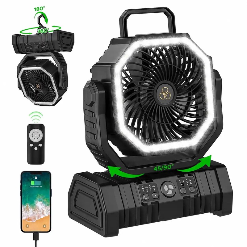VENTILADOR RECARGABLE CON LAMPARA 20000 mAh (NEGRO)